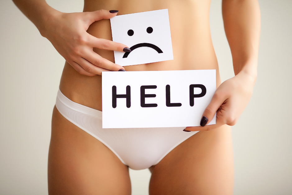 A woman's torso showing a sad face indicating a painful vagina and a card seeking help.